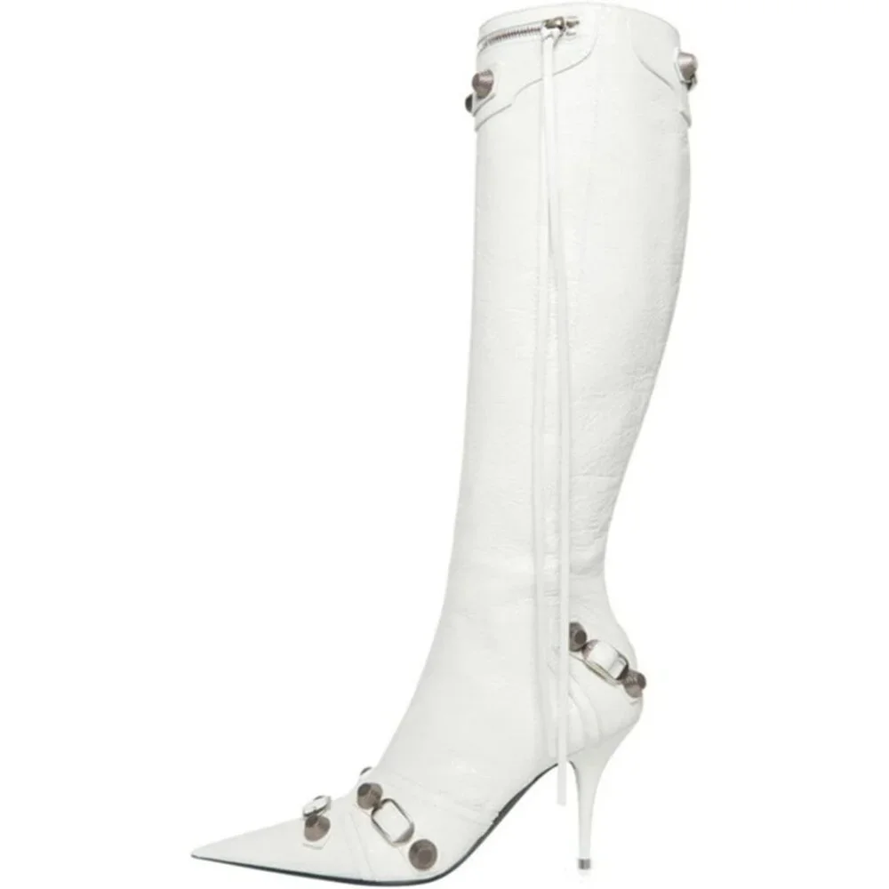 Women's Faux Leather White Stiletto Knee High Pointed Toe High Heel Zipper Boots